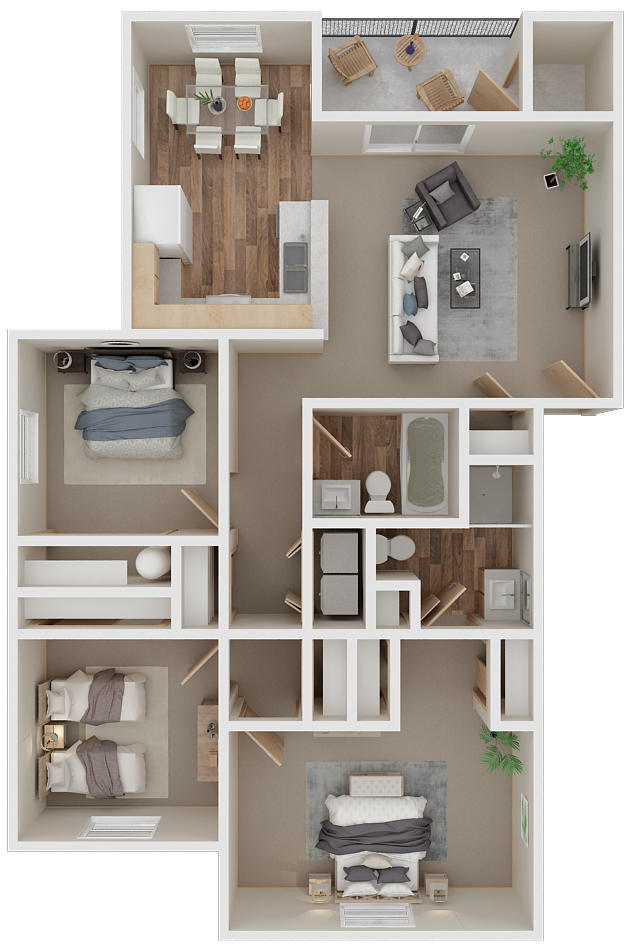 Floor plan for 3 beds, 2 baths, 1121 sqft